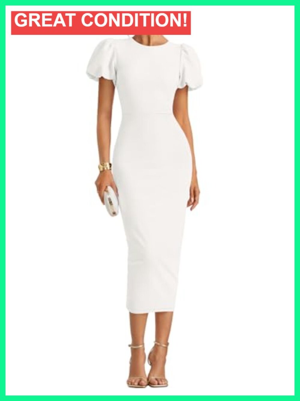 Elegant Bodycon Midi Dress with Puff Sleeves and Back Zipper